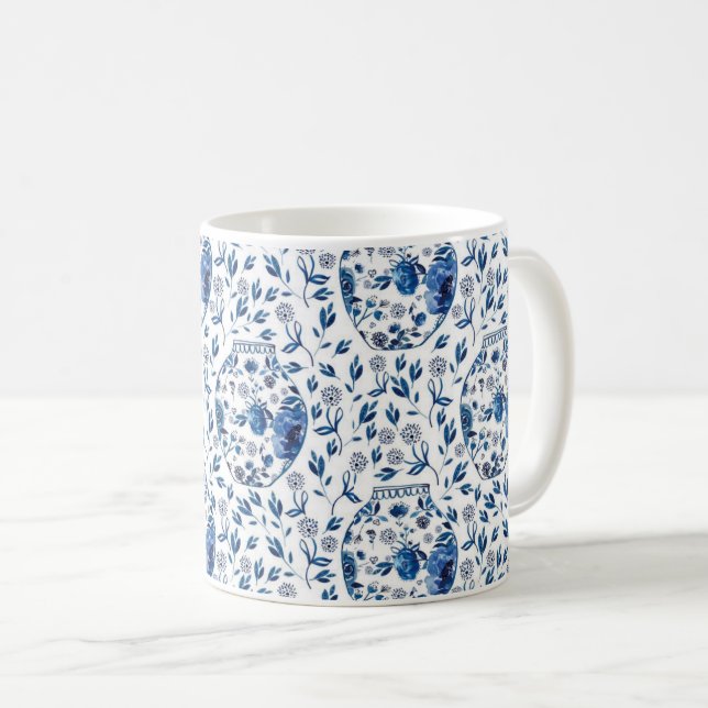 Handgemalt Blau & Weiß Chinoiserie Blumenstil Kaffeetasse (VorderseiteRechts)
