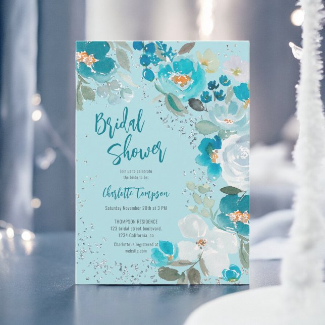 Handgemalt blaues Eis Blumenwinterfest Brautparty Einladung (Hand Painted Blue ice Floral Winter bridal shower Invitation)