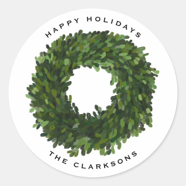Handgemalt Boxwood Wreath Happy Holidays Runder Aufkleber (Vorderseite)