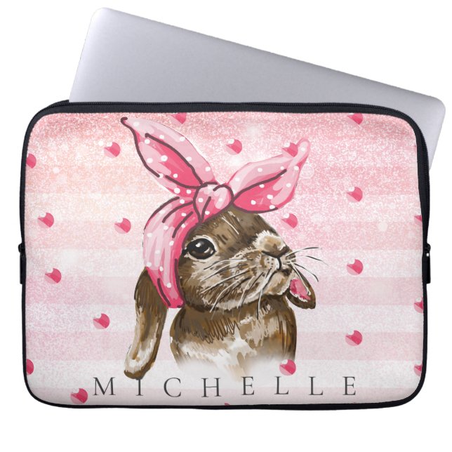 Handgemalt Bunny mit rosa Bogen Personalisiert Laptopschutzhülle (Vorderseite)