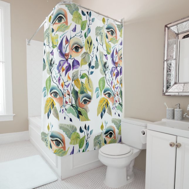 Handgemalt Elegant Feminine Eyes Farbige Blätter Duschvorhang (Beispiel)