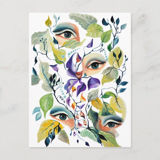 Handgemalt Elegant Feminine Eyes Farbige Blätter Postkarte (Vorderseite)