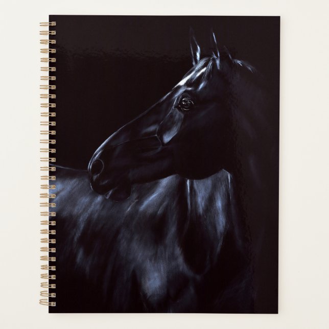 Handgemalt, elegantes schwarzes Pferd Planer (Vorderseite)