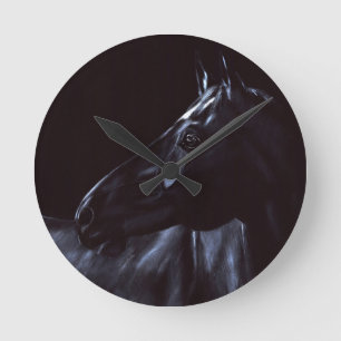 Handgemalt, elegantes schwarzes Pferd Runde Wanduhr