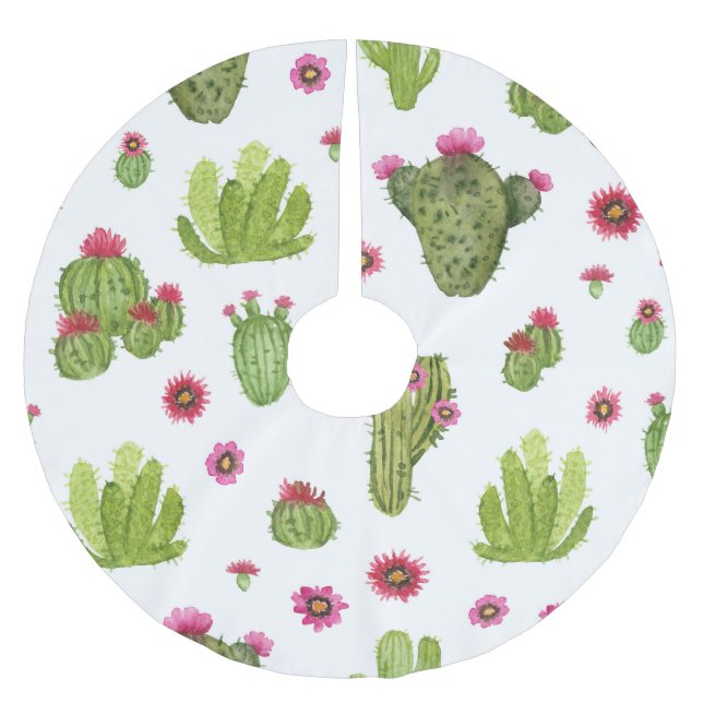 Handgemalt grünes Kaktusmuster Polyester Weihnachtsbaumdecke (Vorderseite)