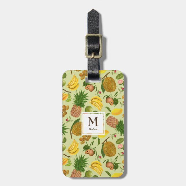 Handgemalt Juicy Tropical Fruits Monogram Gepäckanhänger (Vorderseite vertikal)