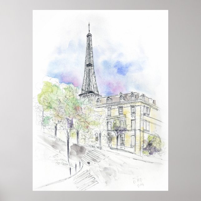 Handgemalt Paris Eiffel Tower Straßenecke Tinte Poster (Vorne)