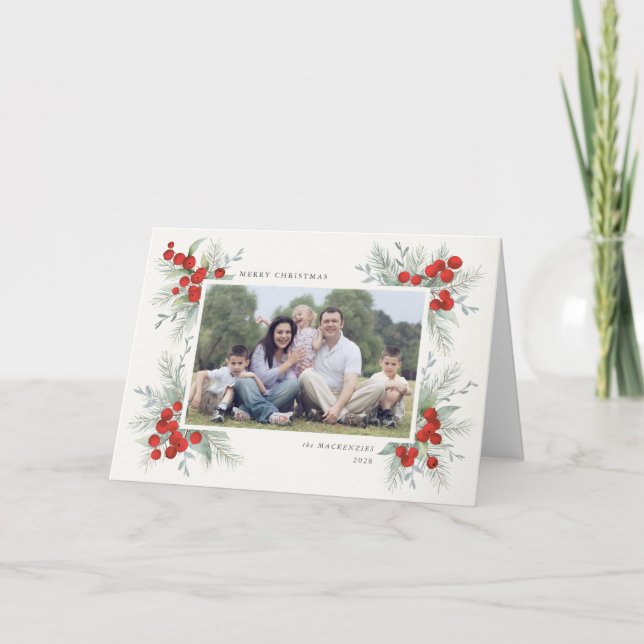 Handgemalt Red Berries Weihnachtsfeiertag Foto Feiertagskarte (Vorderseite)