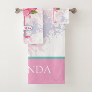 Handgemalt rosa Flamingo Personalisiert Badhandtuch Set