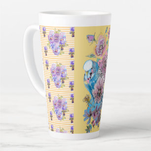 Handgemalt rosa Gelbe Budgie Blüte Latte Tasse