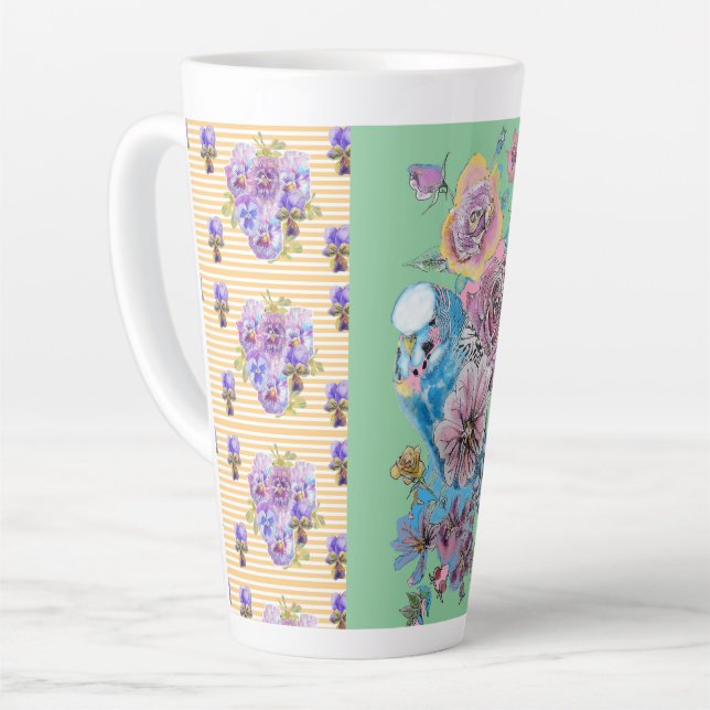 Handgemalt rosa Gelbe Budgie Blüte Latte Tasse (Linke Ecke)