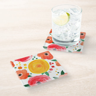 Handgemalt Rosa und Gelb Aquarellblume Glasuntersetzer