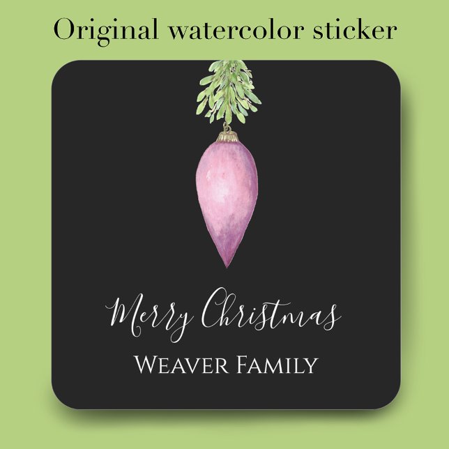Handgemalt Wasserfarbe Rosa Weihnachtsbaum Quadratischer Aufkleber (Personalize this original watercolor antique Christmas bauble Christmas card envelope sticker.
)