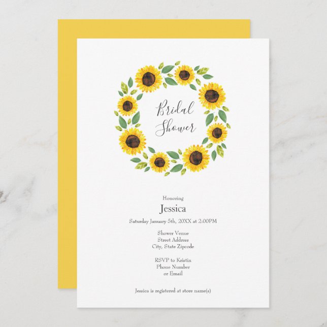 Handgemalt Wasserfarben Sonnenblumenkranz Einladung (Vorne/Hinten)