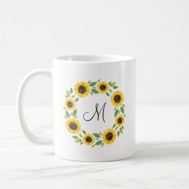 Handgemalt Wasserfarben Sonnenblumenkranz Kaffeetasse (Links)