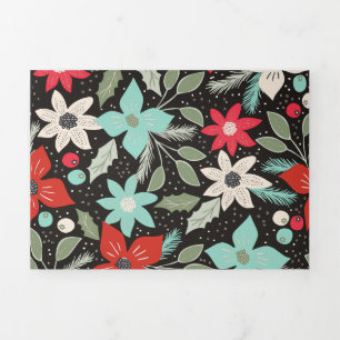 Handgemalt Weihnachten Poinsettia Red White Aqua Dreifach Gefaltete Urlaubskarte