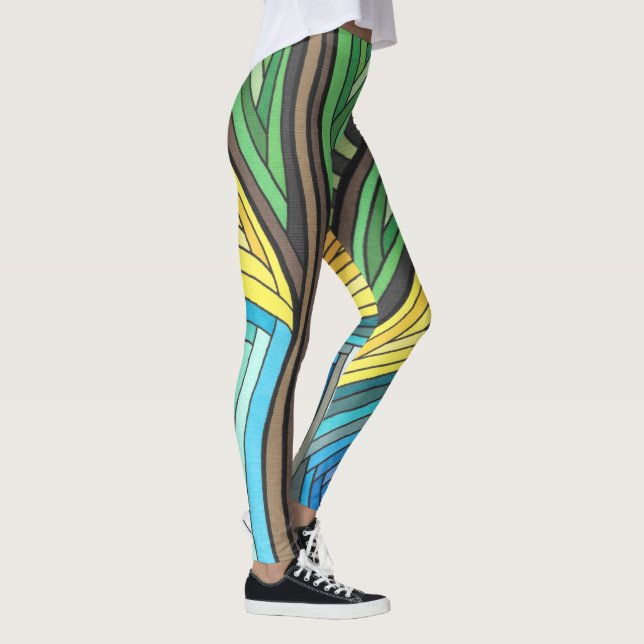 Handgemalte Abstrakte Baum- und Geometrie-Gestaltu Leggings (Rechts)