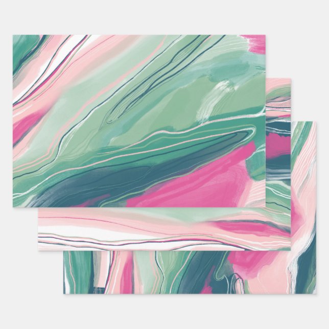 Handgemalte abstrakte Malerei mit Marmorgrün pink Geschenkpapier Set (Set)