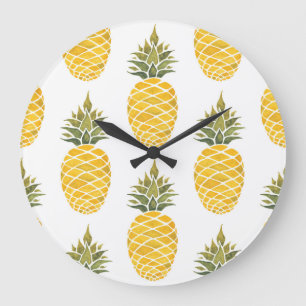 Handgemalte Ananas: Aquarell Nahtlos. Große Wanduhr