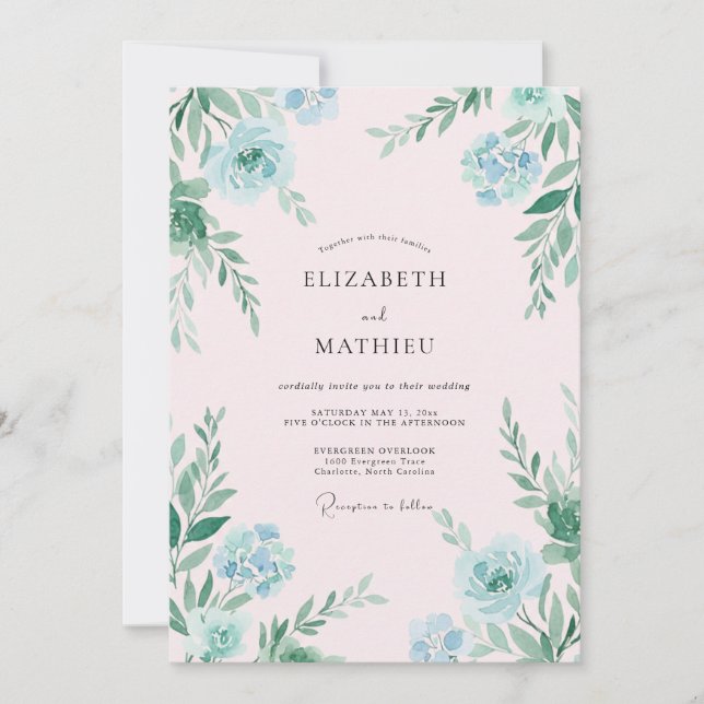 Handgemalte aqua-mint-blättrige Hochzeit Einladung (Vorderseite)