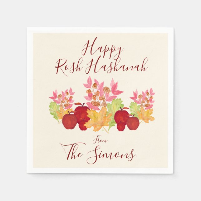Handgemalte Aquarell-Blätter Äpfel Rosh Hashanah Serviette (Vorderseite)