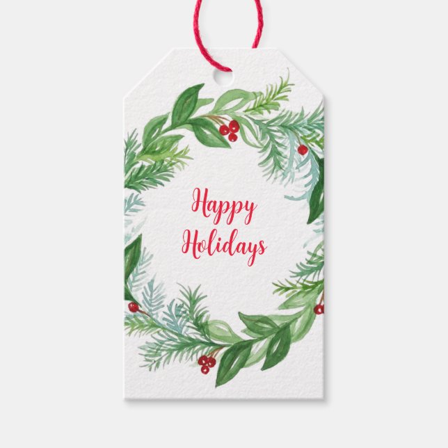 Handgemalte Aquarellfarben Happy Holidays Grüntöne Geschenkanhänger (Vorderseite)