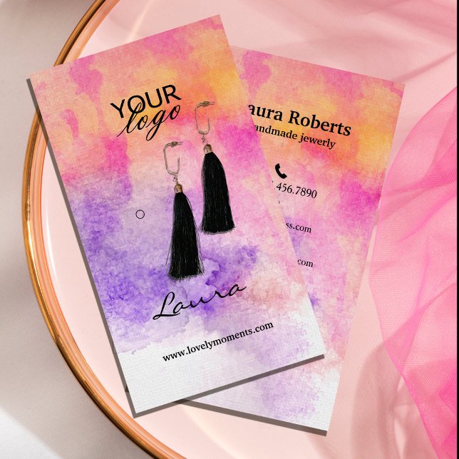 Handgemalte Aquarellfarben-Ohrring-Anzeige Visitenkarte (Hand-painted watercolor Colorful Earring Display Business Card #watercolorearringsdisplaycard #chic)