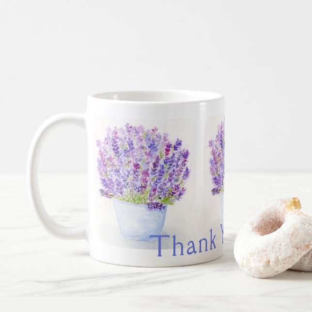 Handgemalte Aquarelllavender DANK IHNEN Kaffeetasse (Mit Donut)