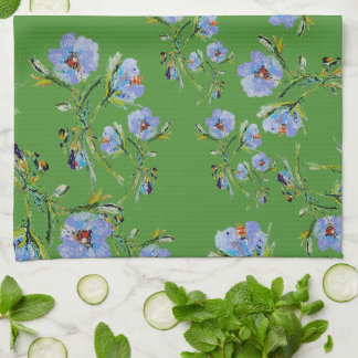 Handgemalte blaue Blumen auf einem bezaubernden gr Geschirrtuch