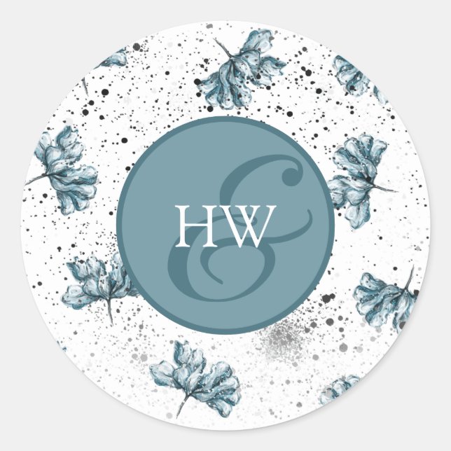 Handgemalte blaue Monogram-Floral Runder Aufkleber (Vorderseite)