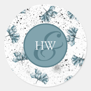 Handgemalte blaue Monogram-Floral Runder Aufkleber