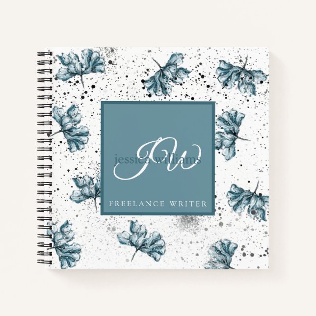 Handgemalte blaue personalisierte Blumenmuster Notizbuch (Vorderseite)