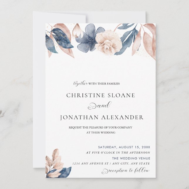 Handgemalte Blume | Blush and Blue Wedding Einladung (Vorderseite)