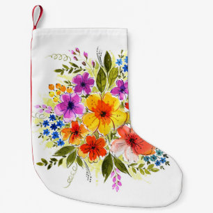 Handgemalte Blume, leuchtendes Aquarellbouquet. Kleiner Weihnachtsstrumpf
