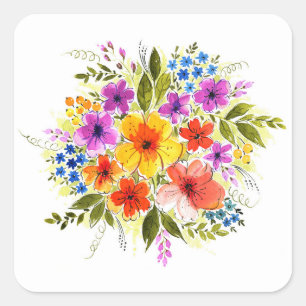 Handgemalte Blume, leuchtendes Aquarellbouquet. Quadratischer Aufkleber
