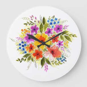 Handgemalte Blumen, leuchtendes Wasserfarbenbouque Große Wanduhr