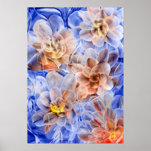 Handgemalte Blumenfantasie - Blaue und Pfirsichblü Poster