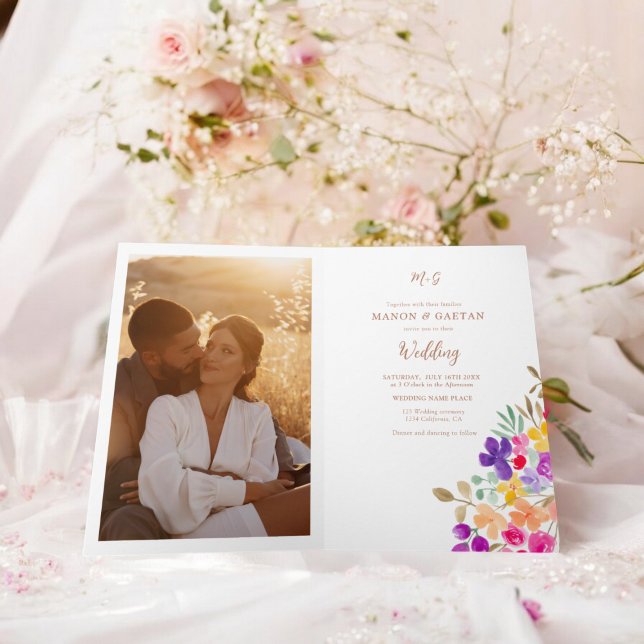 Handgemalte Blumenzwiebeln Foto in einem Einladung (Hand Painted Floral Wedding Photo all in one Invitation)