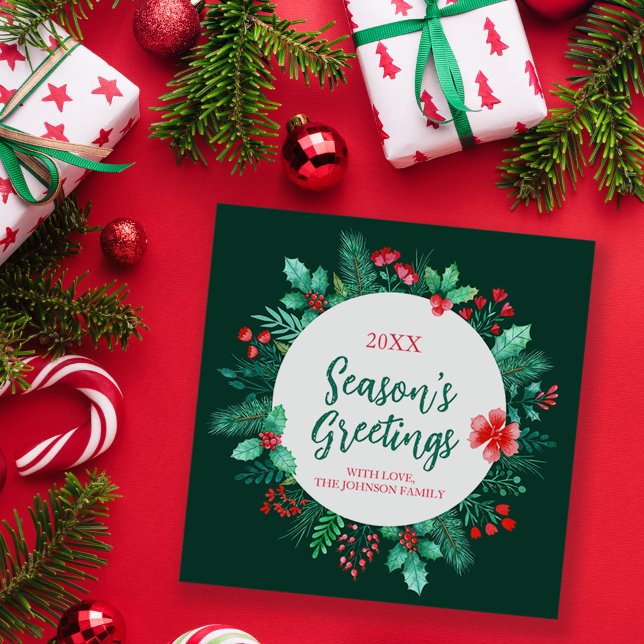 Handgemalte Botanicals mit Holly Feiertagskarte (Watercolor Botanicals with Holly + Pine Christmas Holiday Card)
