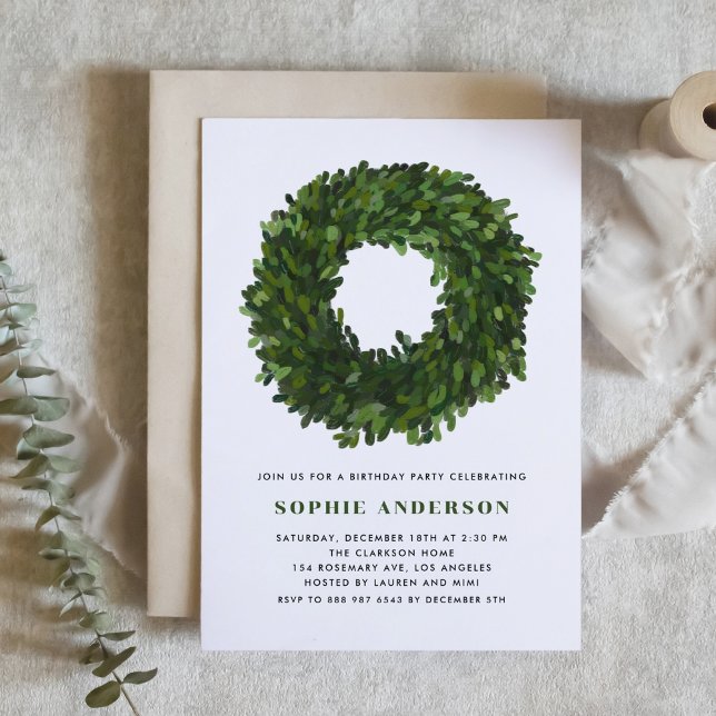 Handgemalte Boxwood Wreath Winter Geburtstagsparty Einladung (Von Creator hochgeladen)