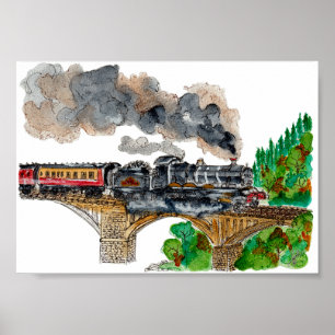 Handgemalte Dampflokomotive Aquarell Poster