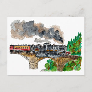 Handgemalte Dampflokomotiven Aquarell Postkarte