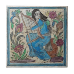 Handgemalte Frau mit Harp Persian Antique Repro Fliese