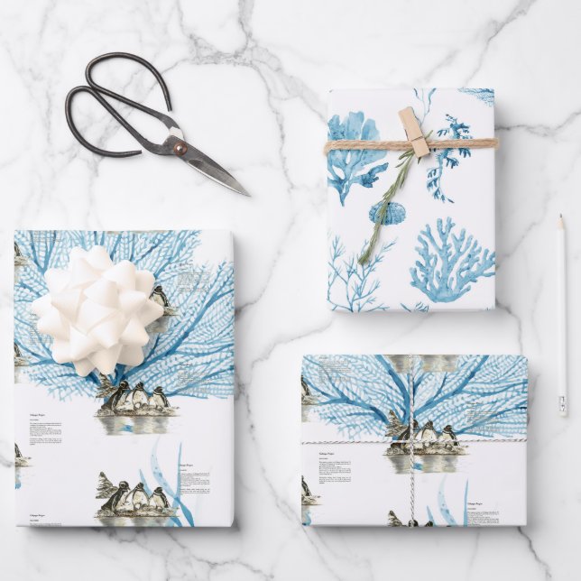 Handgemalte Galapagos-Pinguine Geschenkpapier Set (Vorderseite)