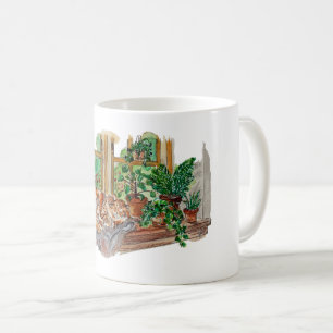 Handgemalte gemütliche Fensterkatze Aquarell-Kunst Kaffeetasse