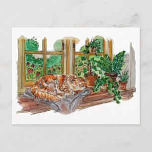 Handgemalte gemütliche Fensterkatze Aquarell-Kunst Postkarte