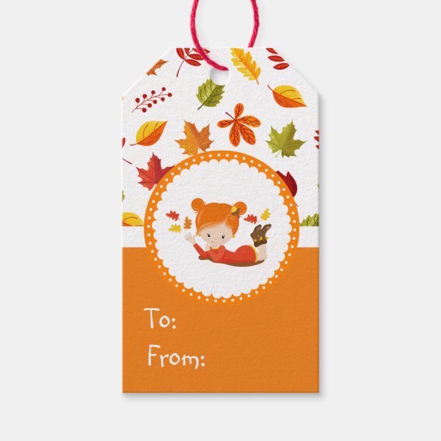 Handgemalte Herbst-Adorable-Girl Geschenkanhänger (Vorderseite)