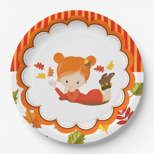 Handgemalte Herbst-Adorable-Girl Pappteller (Vorderseite)