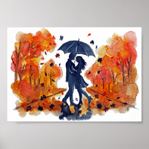 Handgemalte Herbst-Paar-Silhouette Aquarell Poster