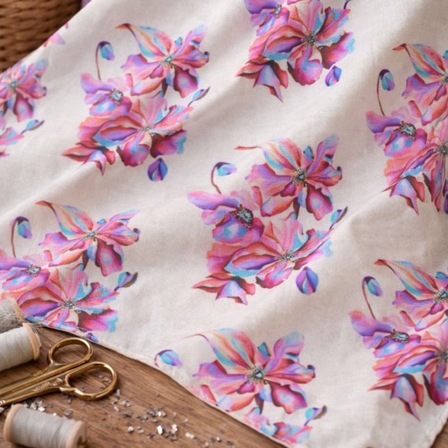 Handgemalte Himalayan-Poppies Blue Pink-Farben Stoff (Von Creator hochgeladen)